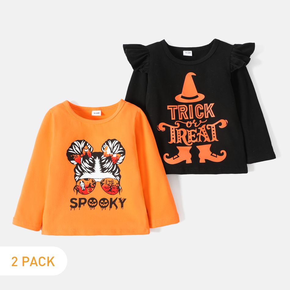 2-Pack Toddler Girl Halloween Letter Print Long-sleeve Cotton Tee Multi-color