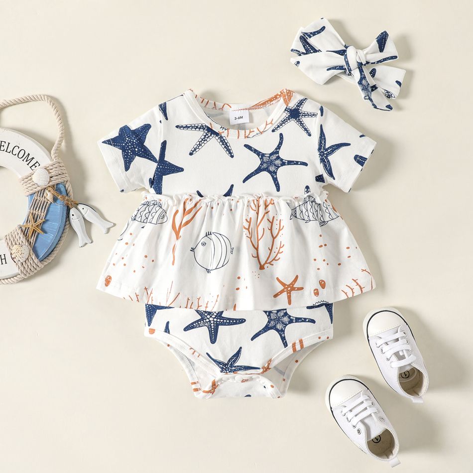 100% Cotton Baby Girl Starfish Allover Flounce Layered Short-sleeve White Romper with Headband Set White big image 6