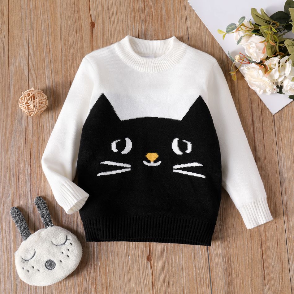 Toddler Girl Animal Cat Pattern Colorblock Knit Sweater BlackandWhite big image 1