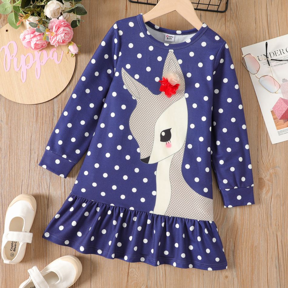 Kid Girl 3D Floral Design Polka dots Deer Print Ruffle Hem Long-sleeve Dress Dark Blue