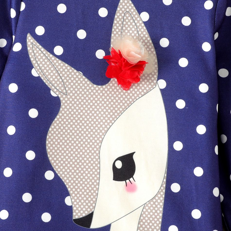 Kid Girl 3D Floral Design Polka dots Deer Print Ruffle Hem Long-sleeve Dress Dark Blue big image 3