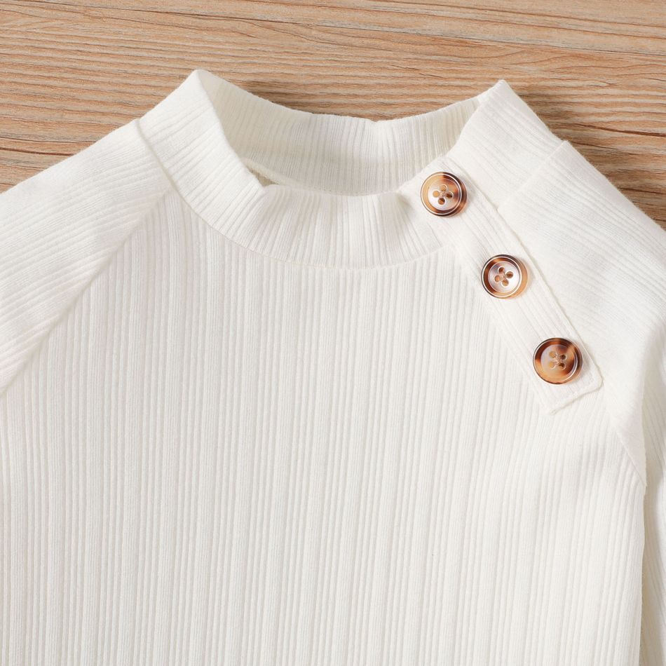 2pcs Baby Girl 95% Cotton Rib Knit Mock Neck Long-sleeve Top and Button Front Ruffle Hem Skirt Set WineRed big image 3