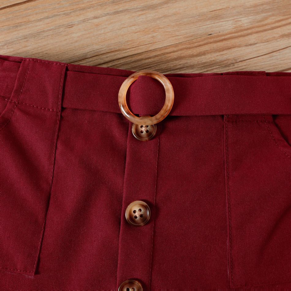 2pcs Baby Girl 95% Cotton Rib Knit Mock Neck Long-sleeve Top and Button Front Ruffle Hem Skirt Set WineRed big image 5