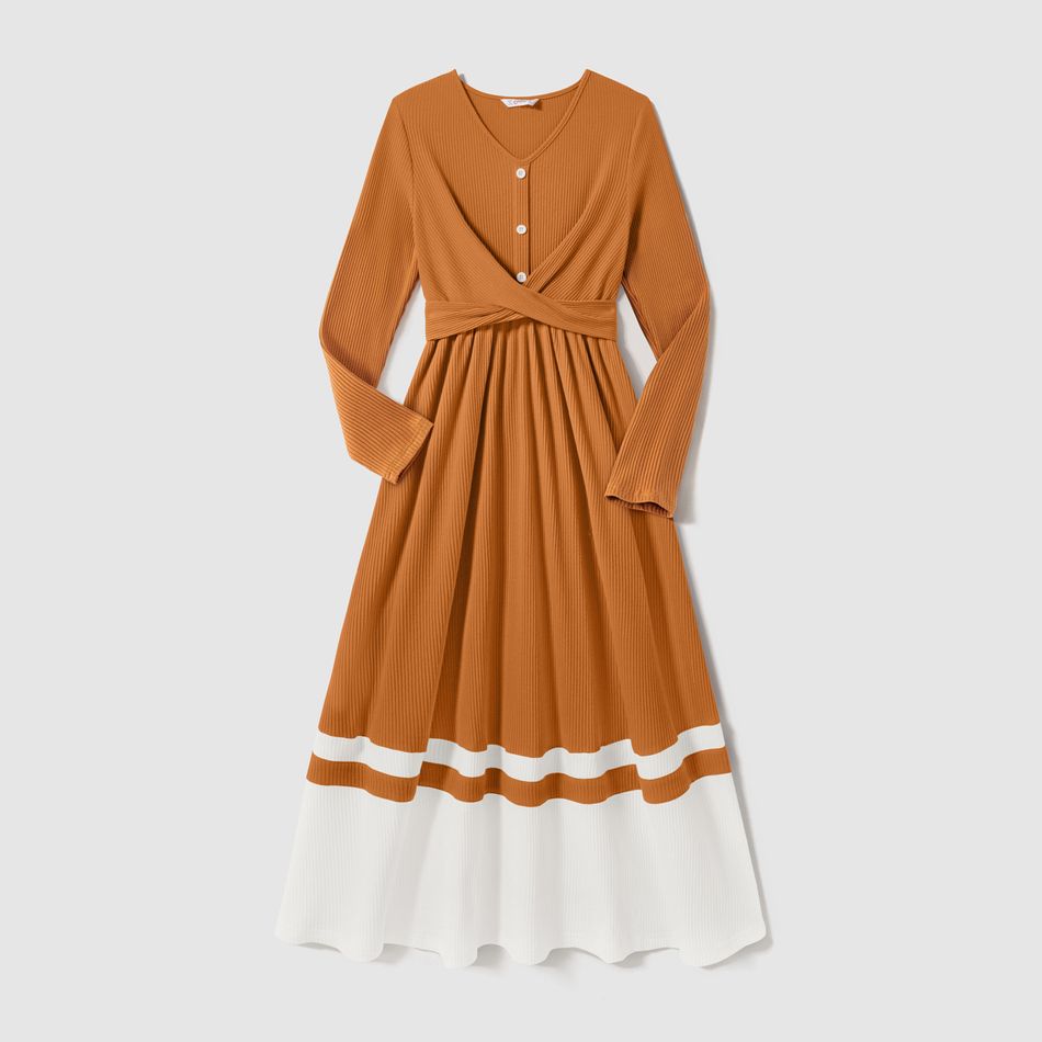 Family Matching Long-sleeve V Neck Button Front Colorblock Rib Knit Midi Dresses and Tops Sets YellowBrown big image 3