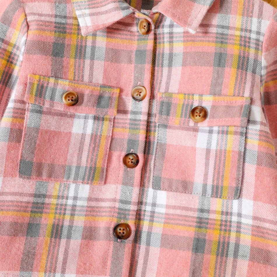 Toddler Girl Lapel Collar Button Design Pink Plaid Jacket Pink big image 4