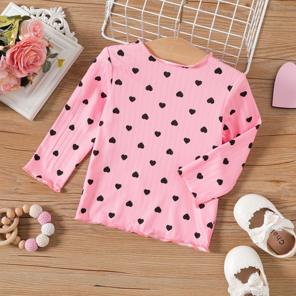 Baby Girl Allover Love Heart Print Rib Knit Long-sleeve Top Pink big image 1