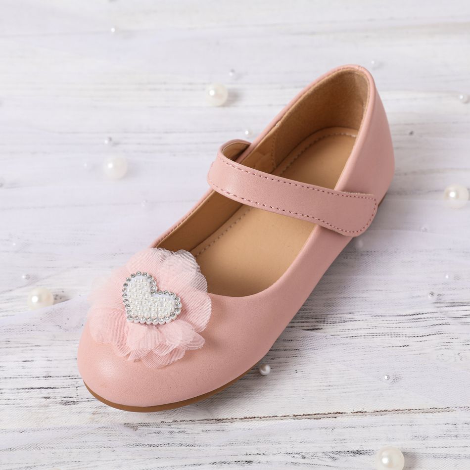 Toddler / Kid Faux Pearl Heart & Mesh Floral Decor Fashion Flats Pink big image 4