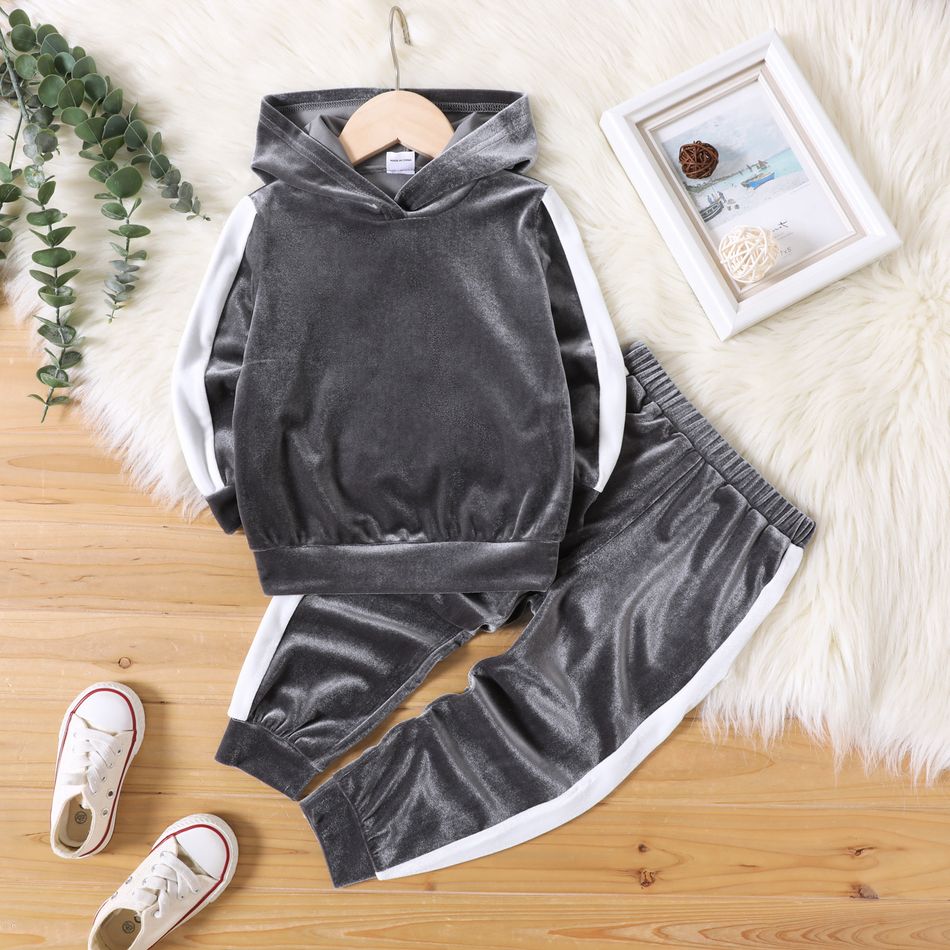 2pcs Toddler Boy Colorblock Velvet Hoodie Sweatshirt and Elasticized Pants Set Grey