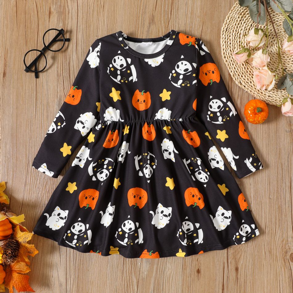 Toddler Girl Halloween Ghost Print Long-sleeve Dress Black