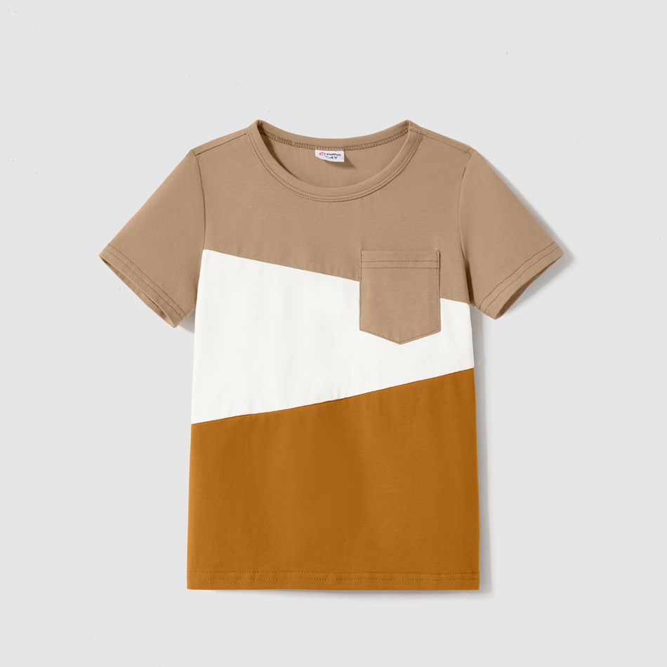 Family Matching Short-sleeve Solid Spliced Leopard Belted Dresses and Colorblock T-shirts Sets Khaki big image 9