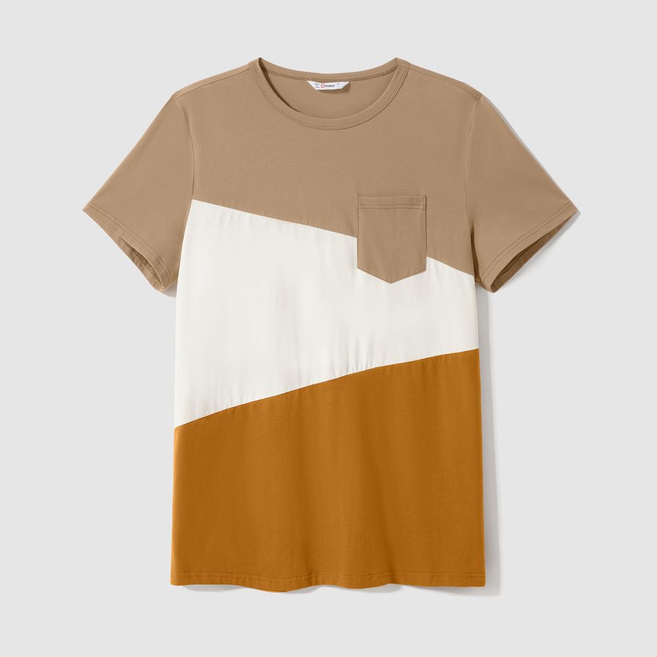 Family Matching Short-sleeve Solid Spliced Leopard Belted Dresses and Colorblock T-shirts Sets Khaki big image 8