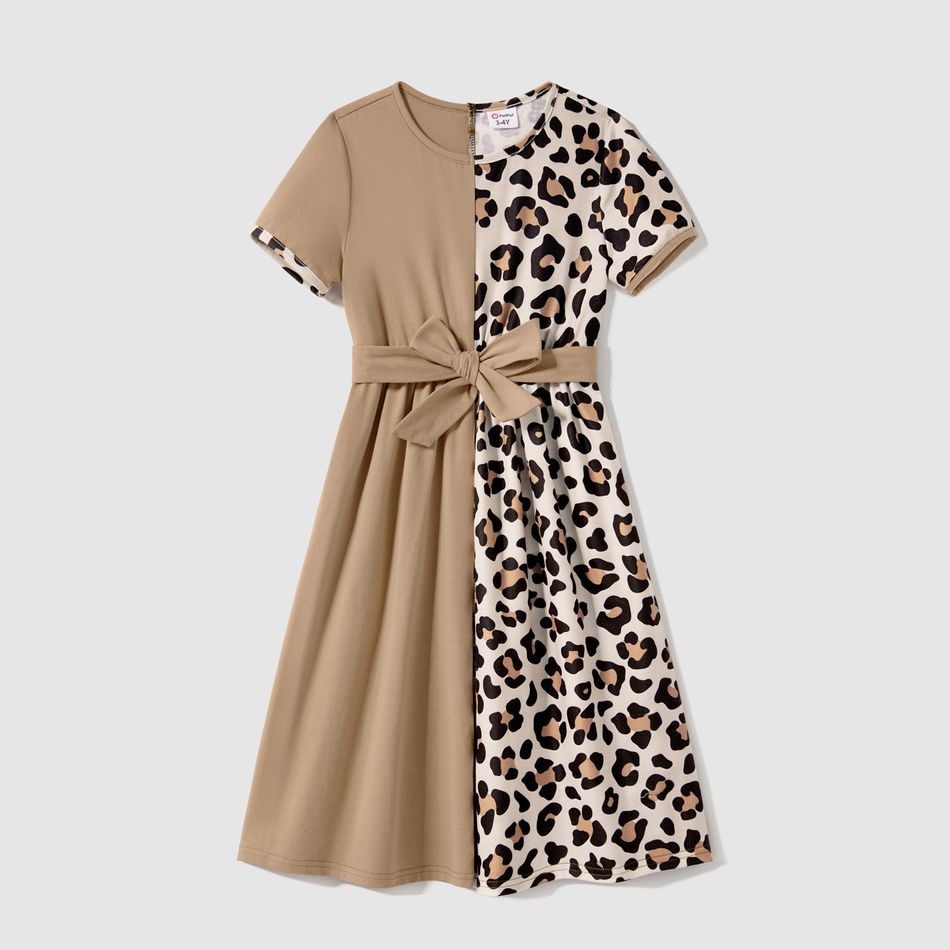 Family Matching Short-sleeve Solid Spliced Leopard Belted Dresses and Colorblock T-shirts Sets Khaki big image 7