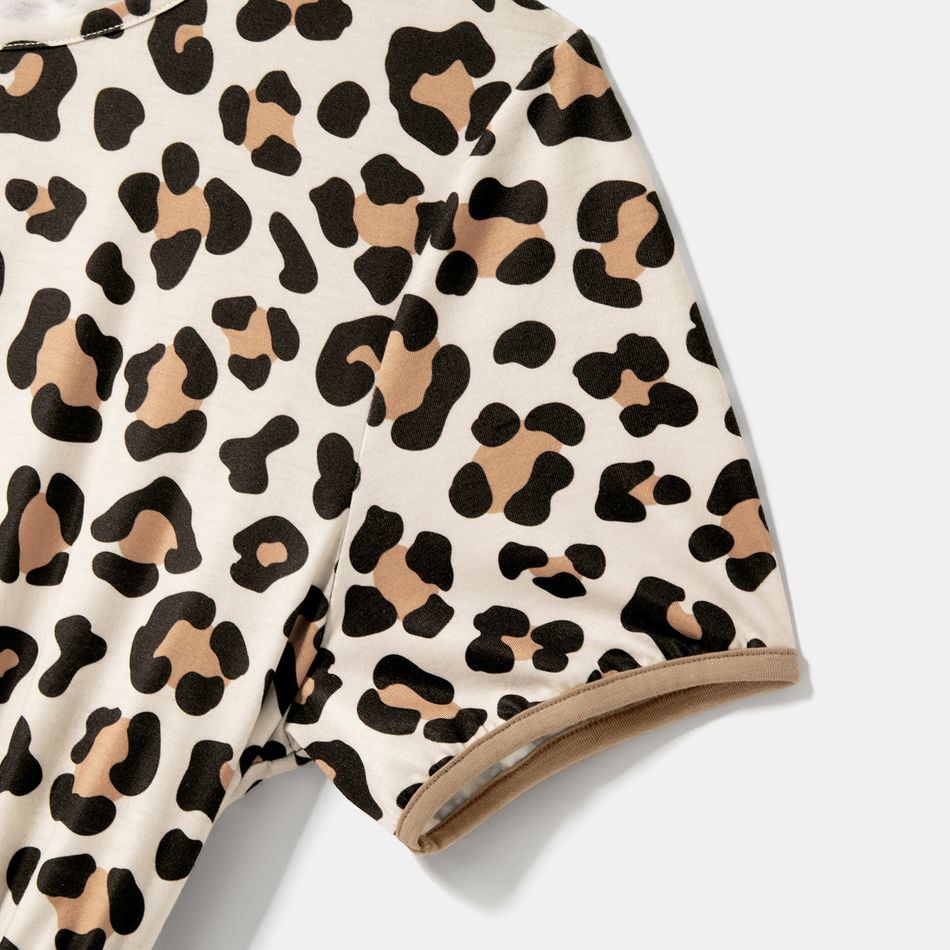 Family Matching Short-sleeve Solid Spliced Leopard Belted Dresses and Colorblock T-shirts Sets Khaki big image 5