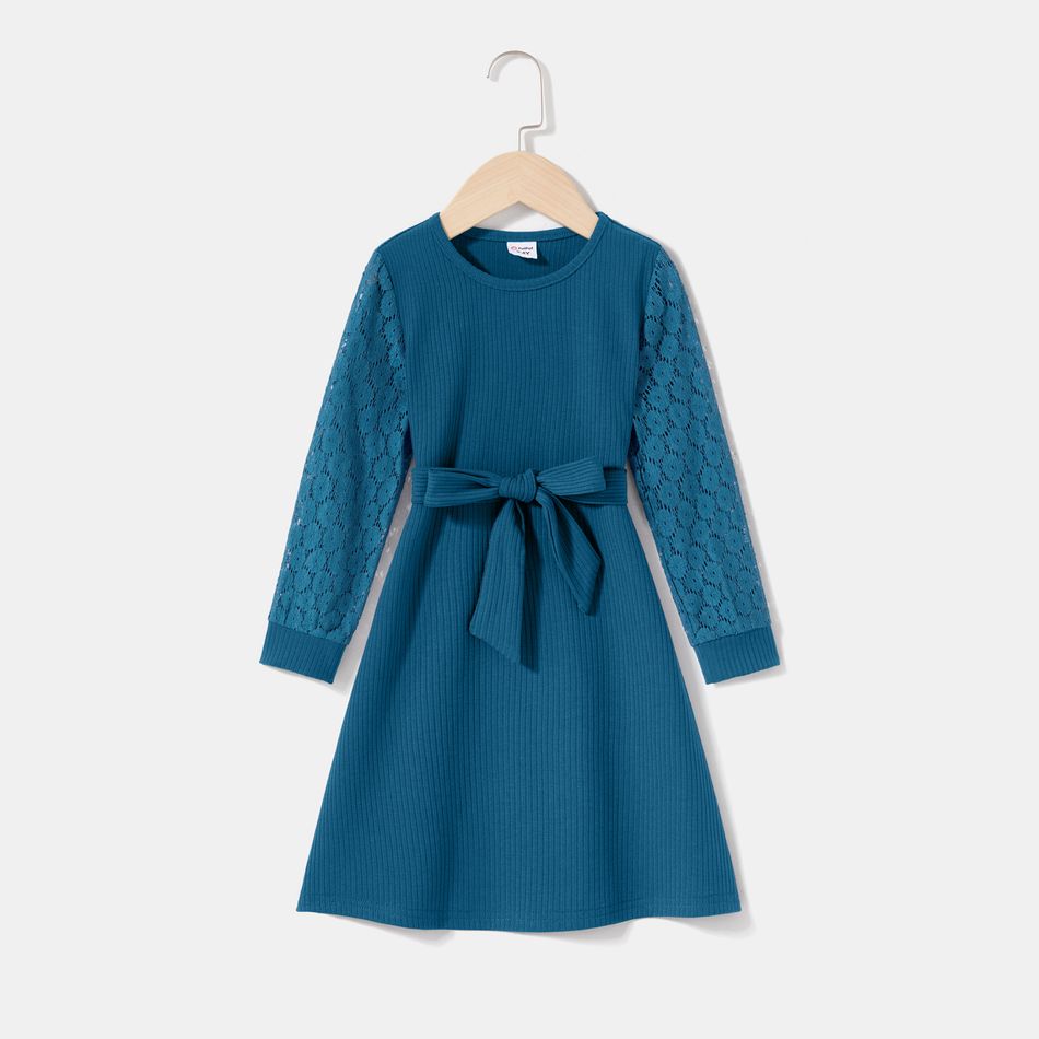 Solid Lace Long-sleeve Spliced Rib Knit Surplice Neck Belted Dress for Mom and Me Peacockblue big image 6