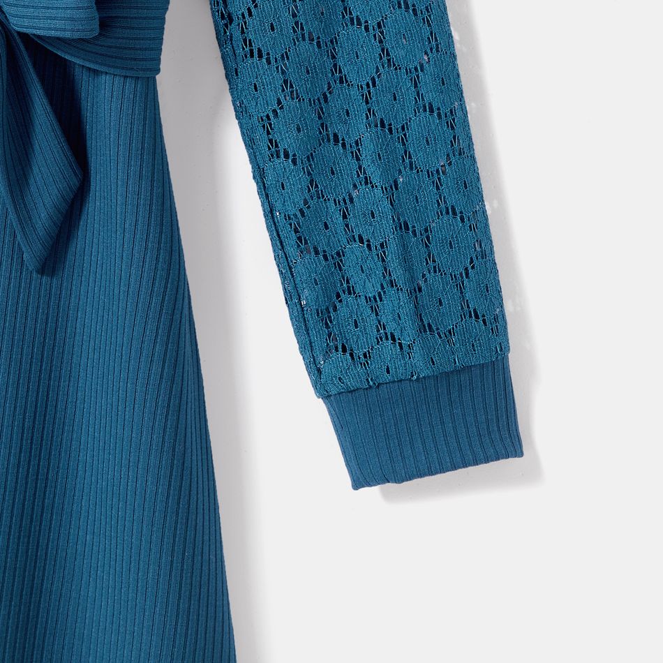 Solid Lace Long-sleeve Spliced Rib Knit Surplice Neck Belted Dress for Mom and Me Peacockblue big image 8