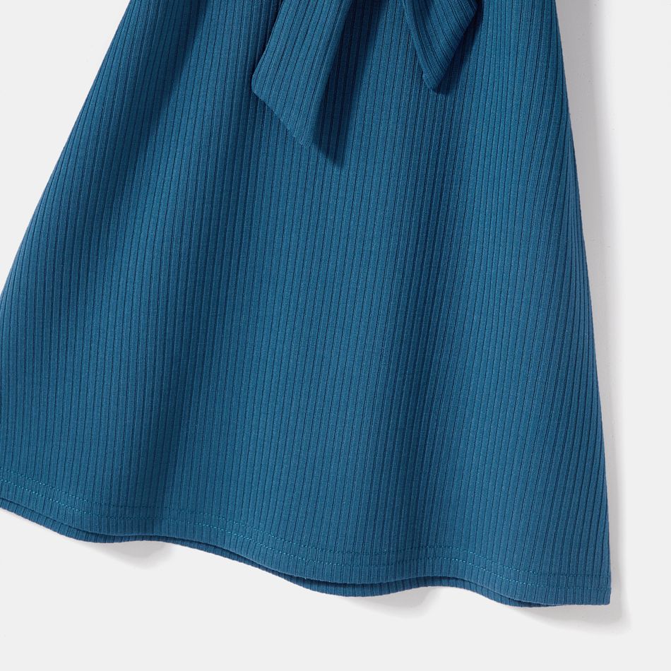 Solid Lace Long-sleeve Spliced Rib Knit Surplice Neck Belted Dress for Mom and Me Peacockblue big image 4