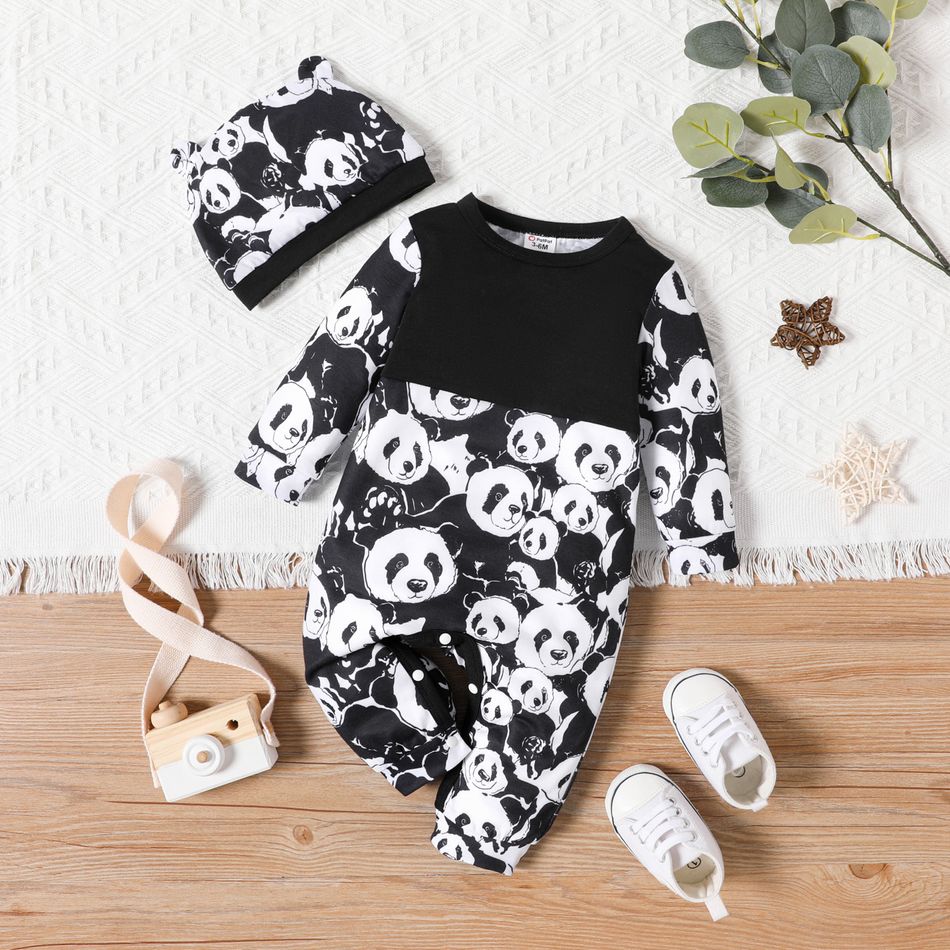 2pcs Baby Boy Allover Panda Print Long-sleeve Spliced Jumpsuit with Hat Set BlackandWhite big image 1