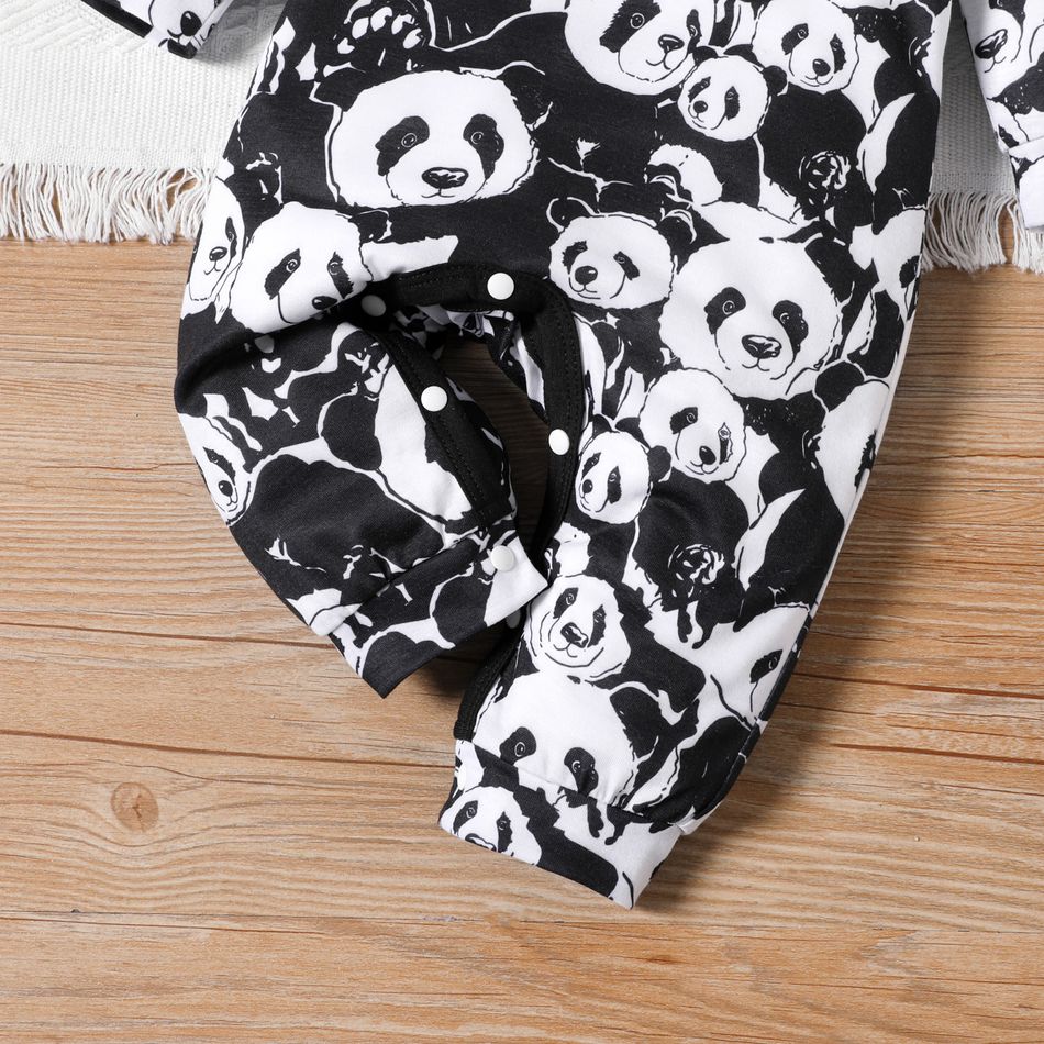 2pcs Baby Boy Allover Panda Print Long-sleeve Spliced Jumpsuit with Hat Set BlackandWhite big image 5