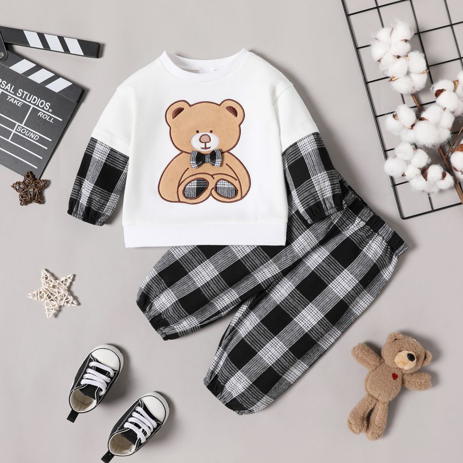 2pcs Baby Boy Faux-two Long-sleeve Bear Embroidered Sweatshirt and Plaid Sweatpants Set BlackandWhite