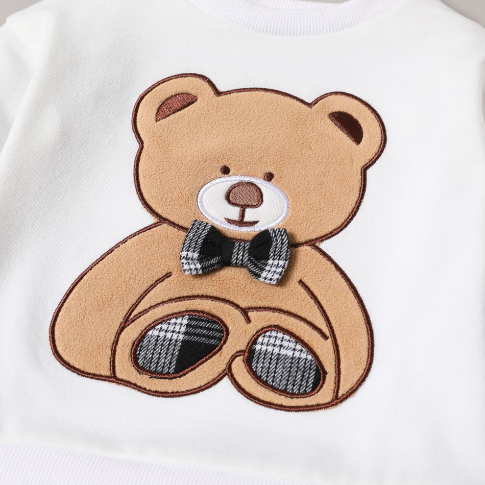 2pcs Baby Boy Faux-two Long-sleeve Bear Embroidered Sweatshirt and Plaid Sweatpants Set BlackandWhite big image 3