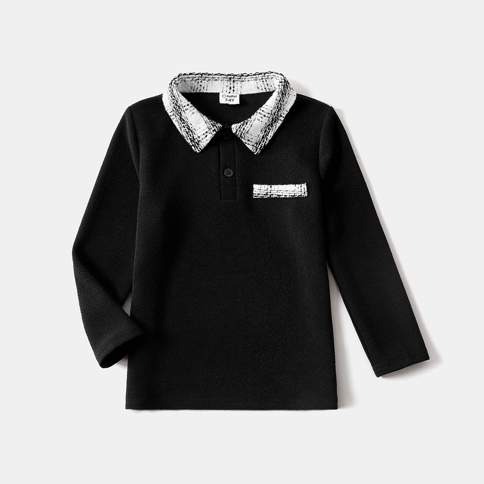 Family Matching Black Spliced Plaid Tweed Mock Neck Dresses and Long-sleeve Polo Shirts Sets BlackandWhite big image 13