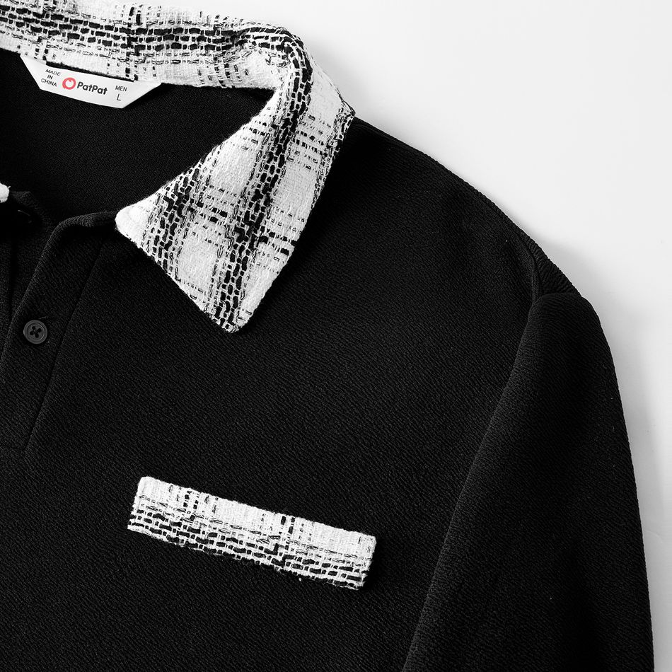 Family Matching Black Spliced Plaid Tweed Mock Neck Dresses and Long-sleeve Polo Shirts Sets BlackandWhite big image 11