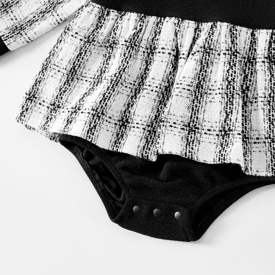 Family Matching Black Spliced Plaid Tweed Mock Neck Dresses and Long-sleeve Polo Shirts Sets BlackandWhite big image 9