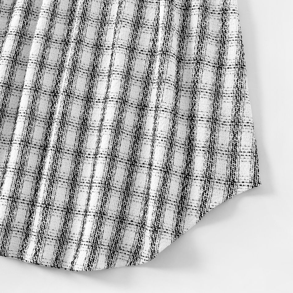 Family Matching Black Spliced Plaid Tweed Mock Neck Dresses and Long-sleeve Polo Shirts Sets BlackandWhite big image 6