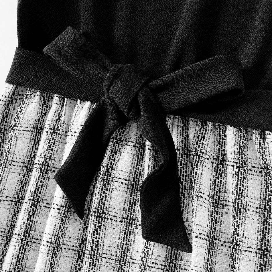 Family Matching Black Spliced Plaid Tweed Mock Neck Dresses and Long-sleeve Polo Shirts Sets BlackandWhite big image 4