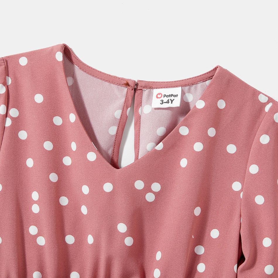 Family Matching Polka Dot Print V Neck Belted Ruffle Hem Bell Sleeve Dresses and Plaid Shirts Sets Pink big image 7