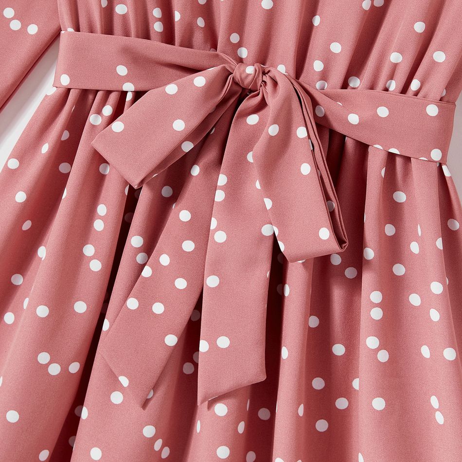 Family Matching Polka Dot Print V Neck Belted Ruffle Hem Bell Sleeve Dresses and Plaid Shirts Sets Pink big image 3