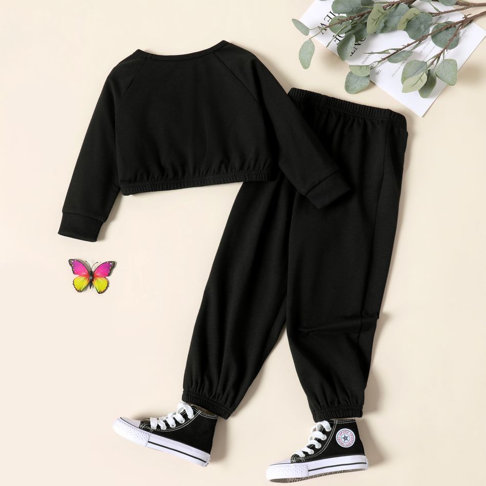 2pcs Toddler Girl Butterfly Print Crop Sweatshirt and Elasticized Pants Set Black big image 2
