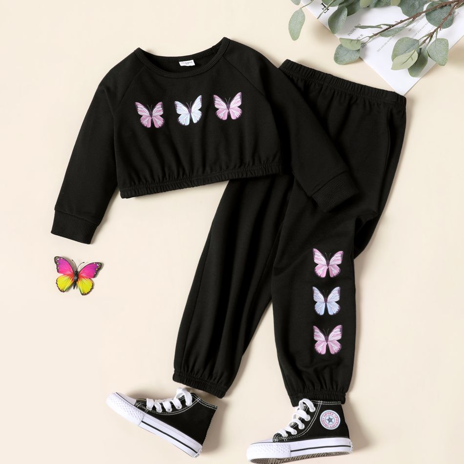 2pcs Toddler Girl Butterfly Print Crop Sweatshirt and Elasticized Pants Set Black big image 1
