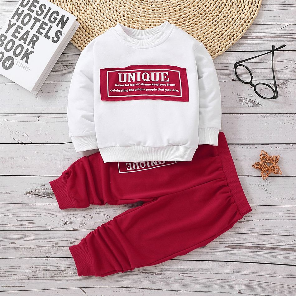 2pcs Toddler Boy Casual Letter Print Sweatshirt and Pants Set White