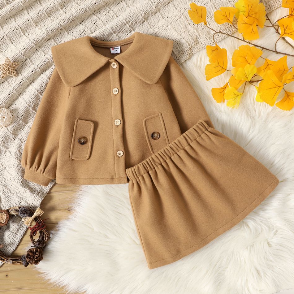 2pcs Toddler Girl Statement Collar Button Design Khaki Jacket and Skirt Set Khaki