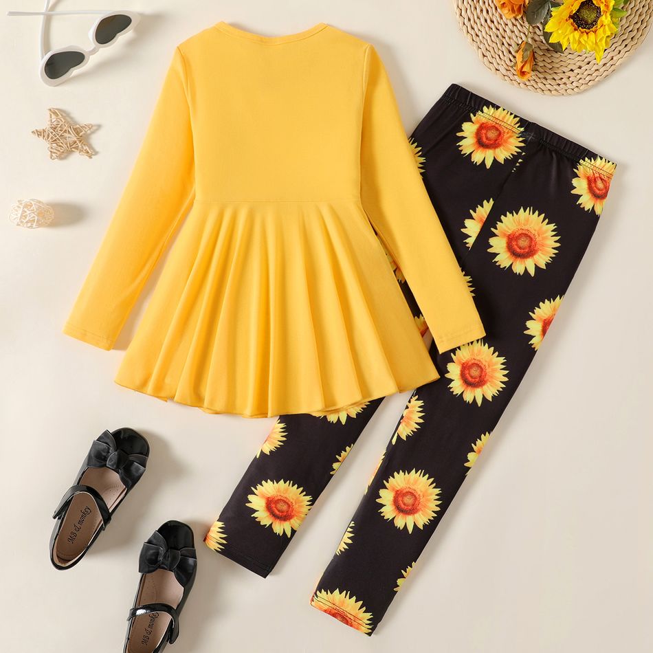 2pcs Kid Girl Bowknot Design Long-sleeve Tee and Floral Print Leggings Set Yellow big image 2