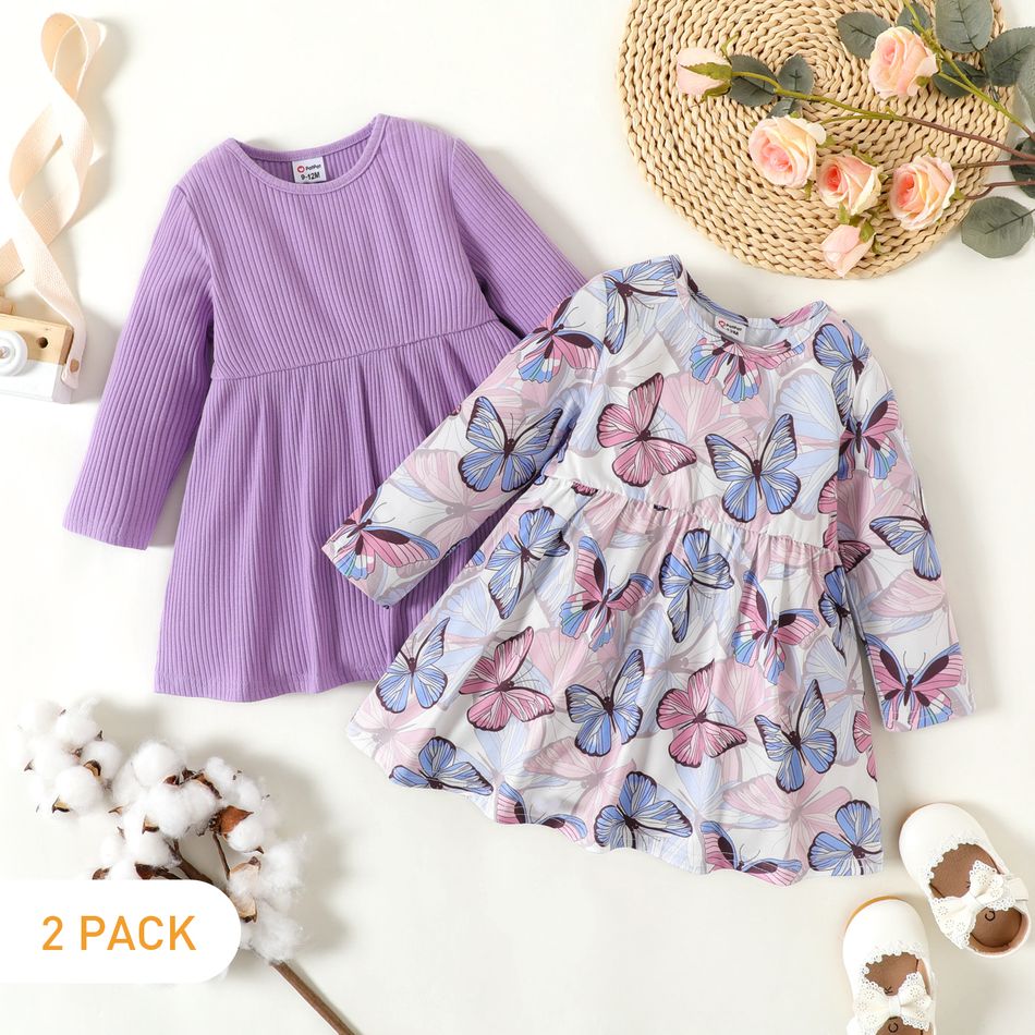 2-Pack Baby Girl Allover Butterfly Print and Solid Rib Knit Long-sleeve Dresses Set MultiColour