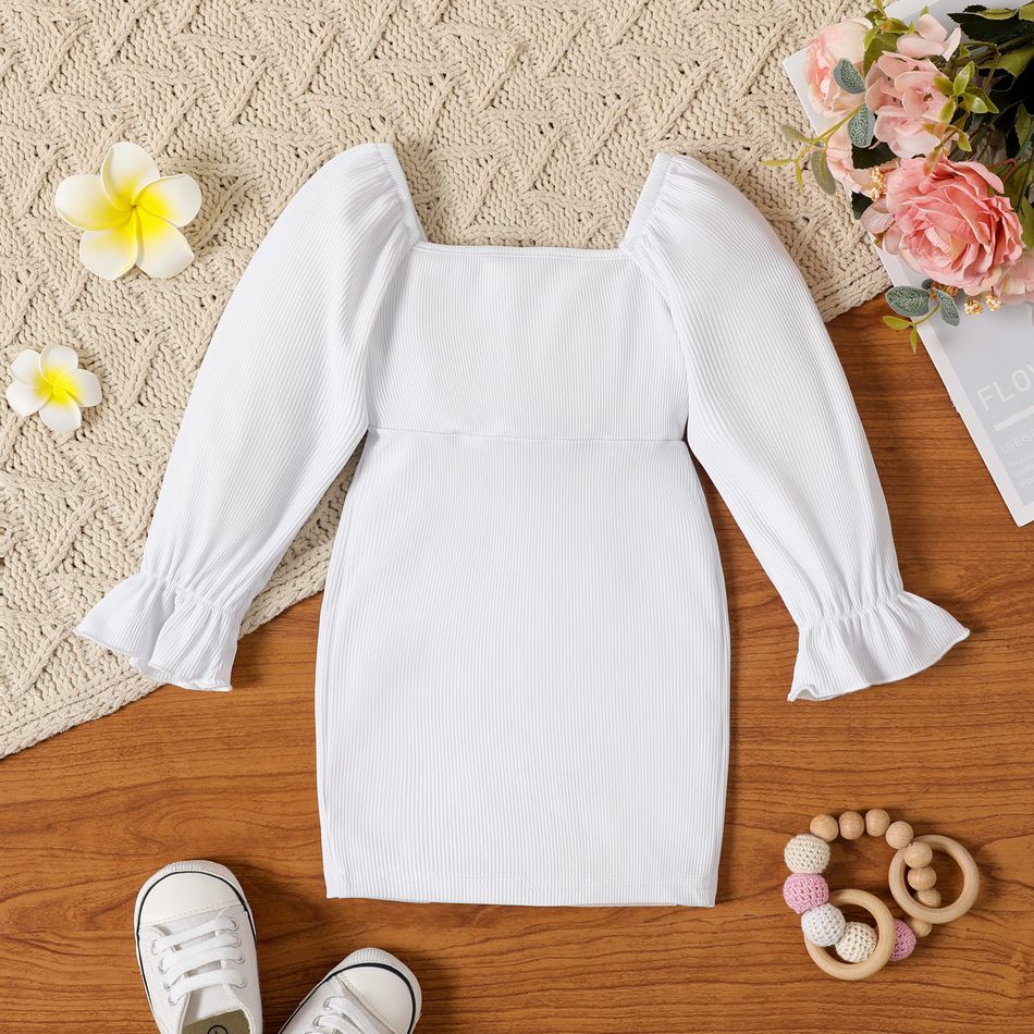 Baby Girl Button Front Solid Rib Knit Bow Front Cut Out Long-sleeve Dress White big image 3