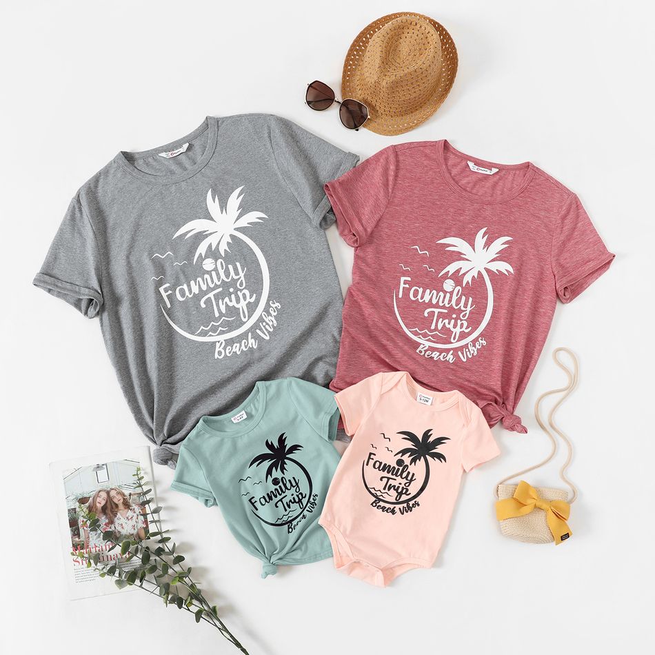 Family Matching 95% Cotton Short-sleeve Coconut Tree & Letter Print T-shirts ColorBlock
