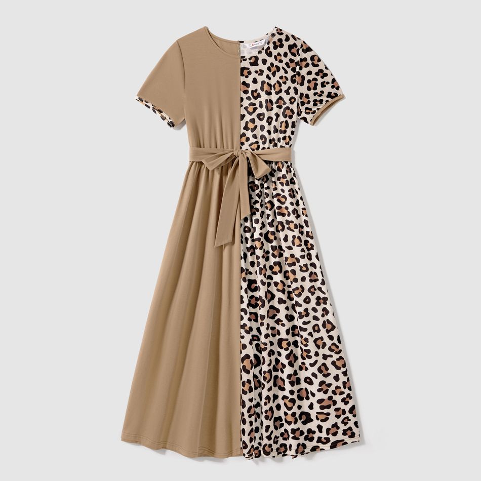 Family Matching Short-sleeve Solid Spliced Leopard Belted Dresses and Colorblock T-shirts Sets Khaki big image 2