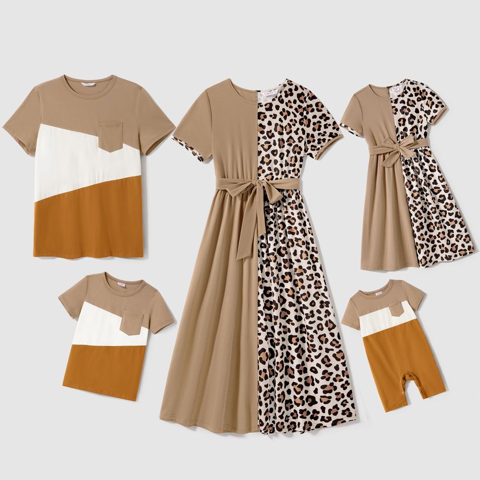Family Matching Short-sleeve Solid Spliced Leopard Belted Dresses and Colorblock T-shirts Sets Khaki big image 1