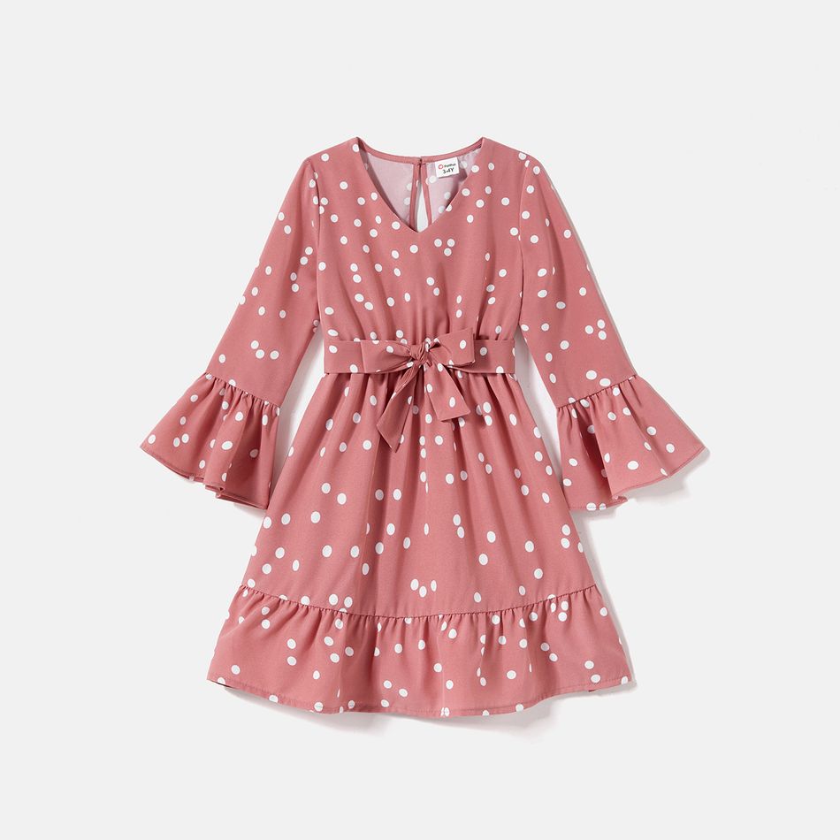 Family Matching Polka Dot Print V Neck Belted Ruffle Hem Bell Sleeve Dresses and Plaid Shirts Sets Pink big image 6