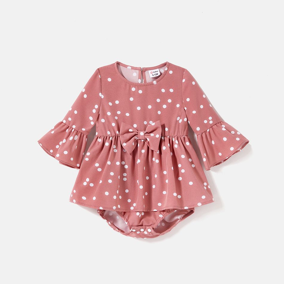 Family Matching Polka Dot Print V Neck Belted Ruffle Hem Bell Sleeve Dresses and Plaid Shirts Sets Pink big image 8