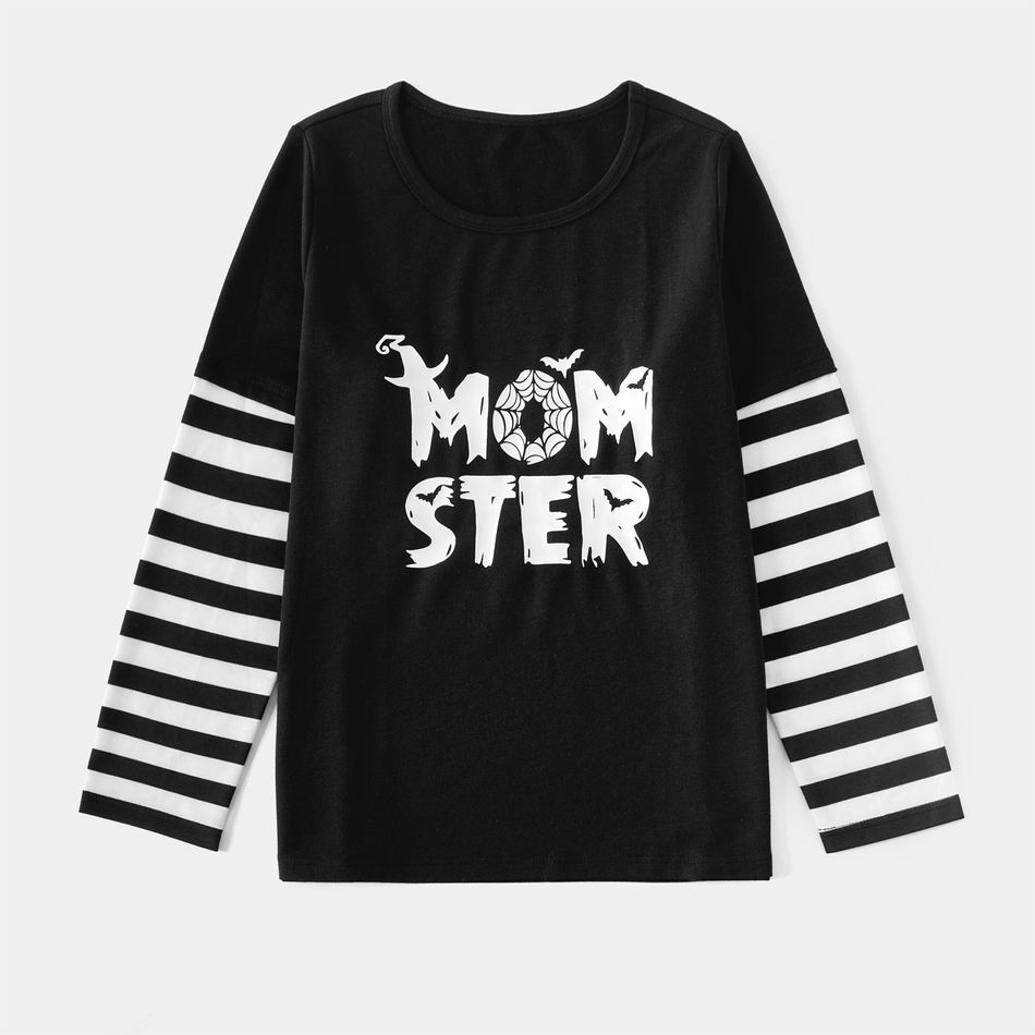 Halloween Family Matching Black Striped Long-sleeve Glow In The Dark Letter Print T-shirts Black big image 5