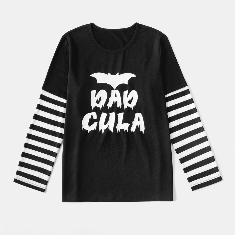Halloween Family Matching Black Striped Long-sleeve Glow In The Dark Letter Print T-shirts Black big image 3