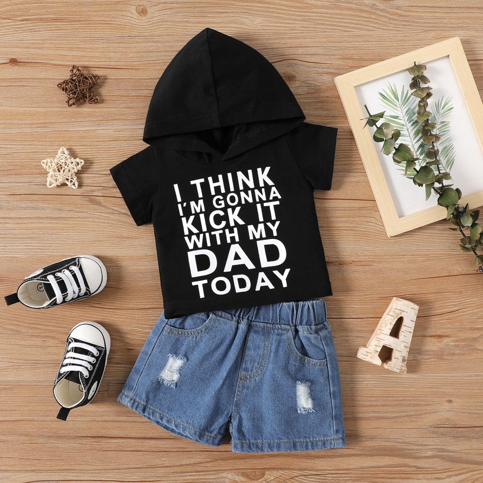 2pcs Baby Boy 95% Cotton Short-sleeve Letter Print Hooded Top and Ripped Denim Shorts Set Black