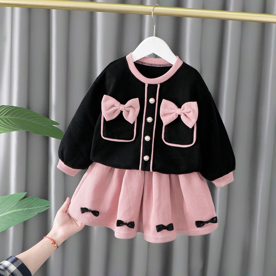 2pcs Kid Girl Tweed Bowknot Design Pullover and Pink Skirt Set Multi-color big image 1