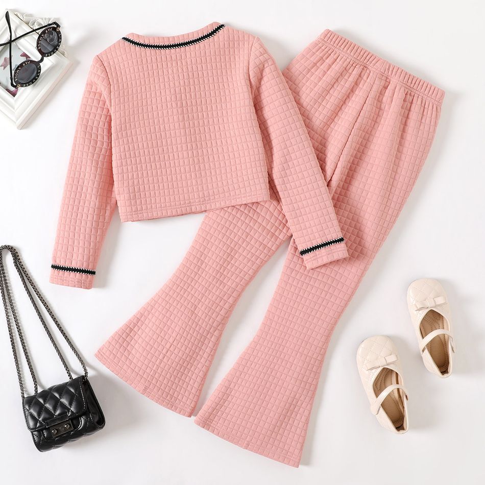 2pcs Kid Girl Tweed Textured Button Design Long-sleeve Tee and Pink Flared Pants Set Pink big image 2