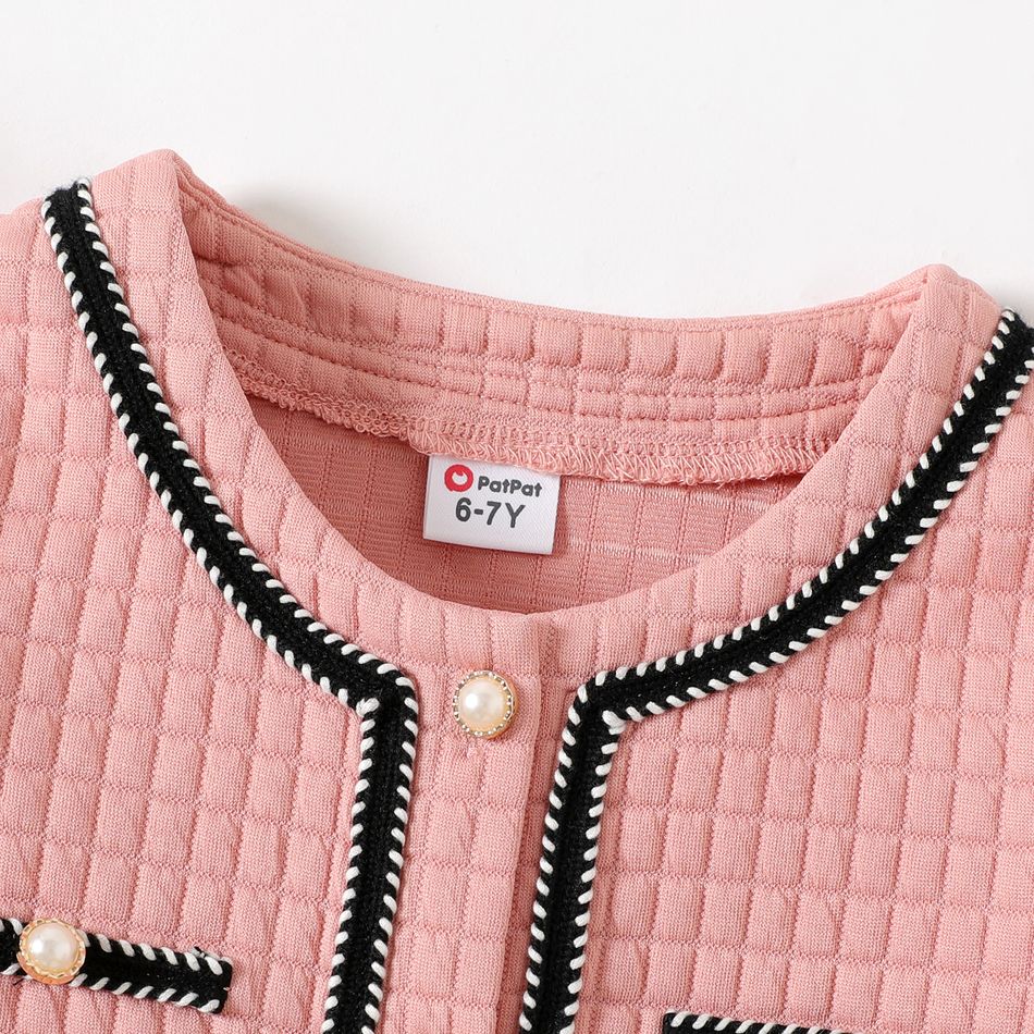 2pcs Kid Girl Tweed Textured Button Design Long-sleeve Tee and Pink Flared Pants Set Pink big image 3