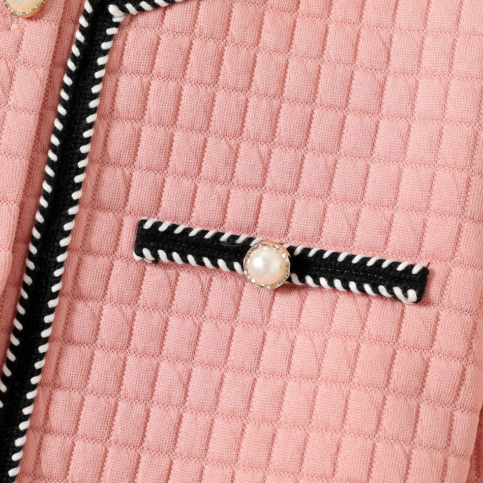 2pcs Kid Girl Tweed Textured Button Design Long-sleeve Tee and Pink Flared Pants Set Pink big image 4